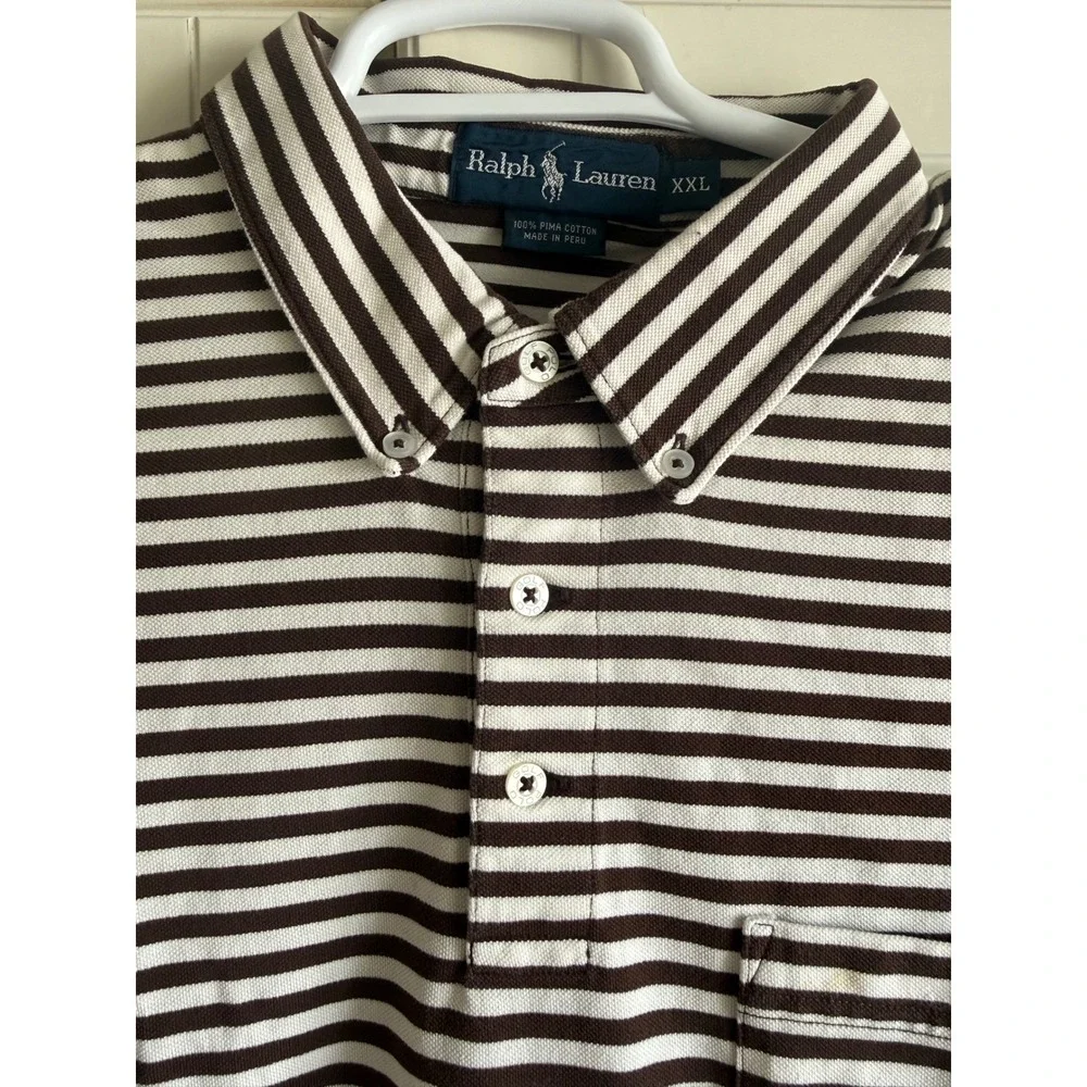 Ralph Lauren Brown White Striped Pima Cotton Polo Shirt Mens XXL Pocket Logo